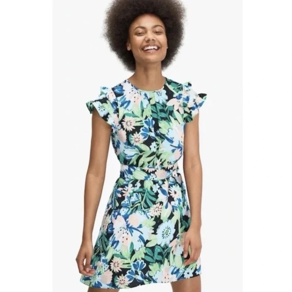 Kate Spade Full Bloom Belted Dress Ruffle Sleeves Floral Green‎ Blue Size 6
